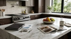 Modern kitchen renovation with marble island, cabinetry, renovation documents, property valuation report, and design inspiration.