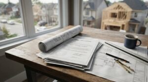 Building permit application, architectural plans, and drafting tools on a desk overlooking a second-storey home construction site.