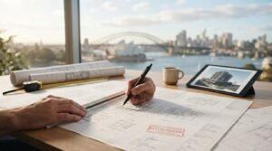 Architect reviewing approved development application plans with Sydney skyline in the background, alongside digital building renderings and construction drawings.