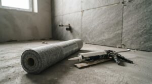 Waterproofing membrane and sealant on a bathroom renovation floor.