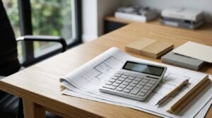 Calculator, renovation blueprints, and material samples on a desk for home renovation budget planning.
