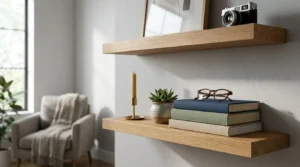 Floating wooden wall shelves styled with books, décor accents, and personal accessories in a modern living space