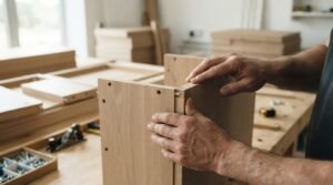 Flat-pack cabinet door panels, brass handles, concealed hinges, and installation tools displayed on a countertop during