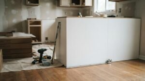 Flat-pack kitchen cabinets being installed during a home renovation with tools, boxed cabinet parts, and unfinished walls.