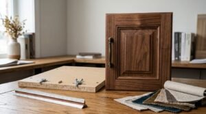 Comparison of custom solid wood cabinet door, flat-pack cabinet panel, fabric swatches, and measuring tools displayed on a workbench.