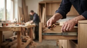 Carpenter installing a wooden cabinet drawer with a screwdriver in a workshop.