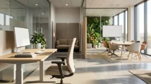 Activity-based office with ergonomic workstations, meeting area, and private focus spaces.