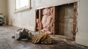 Respirator mask and safety gloves beside an exposed renovation wall.