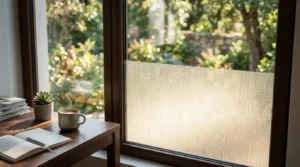 Window privacy film applied to the lower portion of a large window, providing privacy while allowing natural light and outdoor views into a home workspace