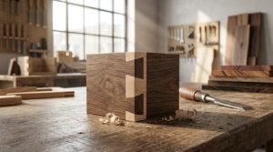 Handcrafted dovetail wood joinery on a walnut box with woodworking tools in a professional workshop.