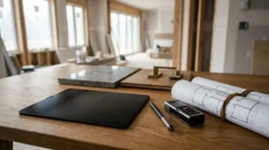 Construction project planning workspace featuring digital design tools, architectural blueprints, material samples, and renovation specifications prepared for residential remodeling and construction management.