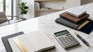 Renovation budget planning with calculator, material samples, and notebook on a marble countertop.