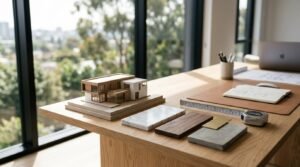 Architectural house model with material samples, measuring tools, and renovation planning documents on a desk for home renovation design and budgeting.