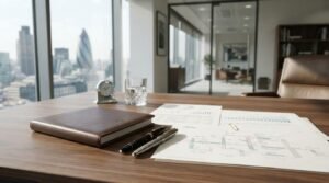 Professional mortgage broker office with financial documents, renovation planning papers, and budgeting materials prepared for home renovation financing consultation.