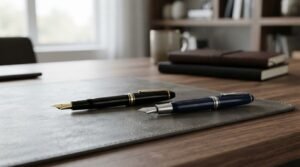 Two fountain pens on a desk symbolizing comparison of mortgage broker options, financial planning, and decision-making for home loan or renovation financing.