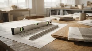 Architectural blueprints with a spirit level, metal ruler, wood and stone material samples on a table, illustrating home renovation planning, design preparation, and material selection.