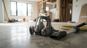 Full-face respirator and vacuum hose on a renovation floor, emphasizing dust control and hazardous material removal safety.