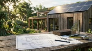 Sustainable home blueprints with passive solar design plans, energy-efficient building materials, window glazing sample, and measuring tools displayed in front of a modern solar-powered eco-friendly house.