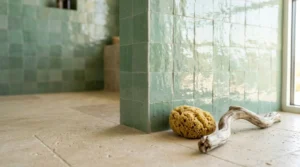 Glossy square ceramic tiles in a soft seafoam/green color covering the walls