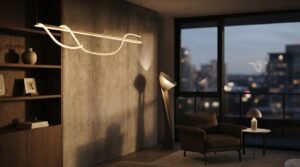 Modern living room with designer pendant lighting, concrete accent wall, and ambient lighting for contemporary interior design.