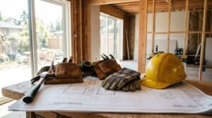 Renovation plans with contractor tools, safety helmet, gloves, and tool belt inside a home under renovation.