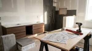Bathroom renovation in progress with construction plans, measuring tools, and partially installed vanity and shower.