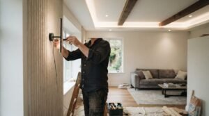 Contractor installing a modern wall light fixture during a living room renovation, with finished interiors and renovation tools visible in the background.