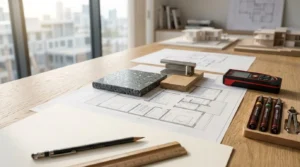 Architectural floor plans, material samples, and design tools arranged on a table during the interior design planning process