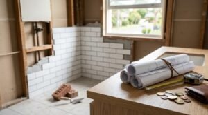 Bathroom renovation with exposed plumbing, partially tiled walls, rolled construction plans, measuring tools, and permit cost planning materials.
