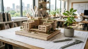 Architectural model of a sustainable building with rooftop greenery, blueprints, drafting tools, and a young tree in a modern design studio.