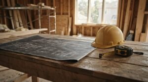 Construction blueprints, a hard hat, and a tape measure on a timber workbench inside a house under renovation, representing owner-builder planning and site preparation.
