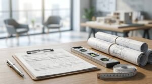 Contractor checklist, blueprints, and measuring tools for renovation planning.