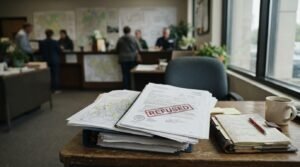 Refused zoning application documents with planning maps on a desk inside a local council planning office, illustrating common reasons for development application rejection.