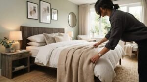 Modern bedroom with freshly styled bedding after renovation.