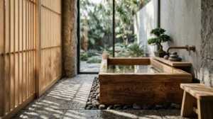 Japanese-inspired bathroom with a wooden soaking tub, natural stone flooring, sliding wood screens, and garden views through large windows