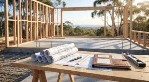 House framing construction site with building permit plans and tools.