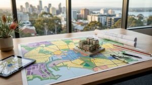 Color-coded zoning map with an architectural building model, blueprints, and planning tools illustrating zoning laws and urban planning frameworks.