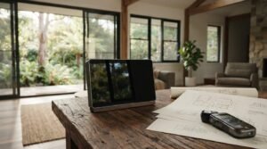 Smart home energy monitor with house plans on a table.