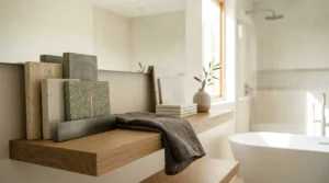 Minimalist bathroom featuring neutral tile samples, natural wood shelving, a freestanding bathtub, and a soft, contemporary color palette.Minimalist bathroom featuring neutral tile samples, natural wood shelving, a freestanding bathtub, and a soft, contemporary color palette