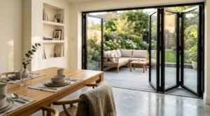 Bright dining room in a ground floor extension with bi-fold doors opening to a landscaped patio and garden.