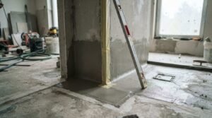 Bathroom waterproofing applied around a wall base during renovation.