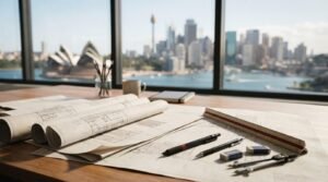 Rolled architectural blueprints, drafting tools, ruler, pens, and compass on a desk overlooking the Sydney skyline.