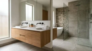 Modern bathroom featuring a floating double vanity, frameless glass shower, freestanding bathtub, and natural stone accent wall
