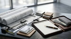 Renovation plans, material samples, measuring tools, and budget documents on a planning table.