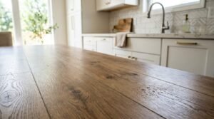 Luxury vinyl plank flooring in a modern kitchen with realistic wood grain and water-resistant surface.
