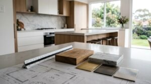 Kitchen renovation plans with material samples, architect ruler, and countertop finishes in a modern kitchen.