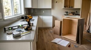 DIY flat-pack cabinet installation in progress with a cordless drill, level, hardware, and partially assembled cabinet in a kitchen renovation.