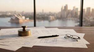 Approved architectural blueprints, permit documents, stamp, pen, and glasses on an office desk with a city skyline view.