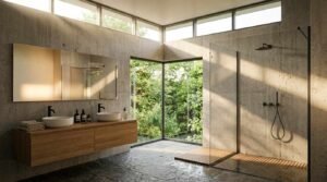 Minimalist brutalist bathroom with board-formed concrete walls, floating oak double vanity, matte black fixtures, wooden slat shower floor, and floor-to-ceiling corner windows