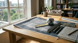 Renovation budget planning with blueprints, measuring tools, and architectural drawings on a desk.